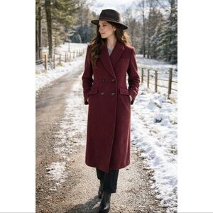 Barbour Burgundy Wool Coat Double Breasted Long Winter Heritage Equestrian Sz 4